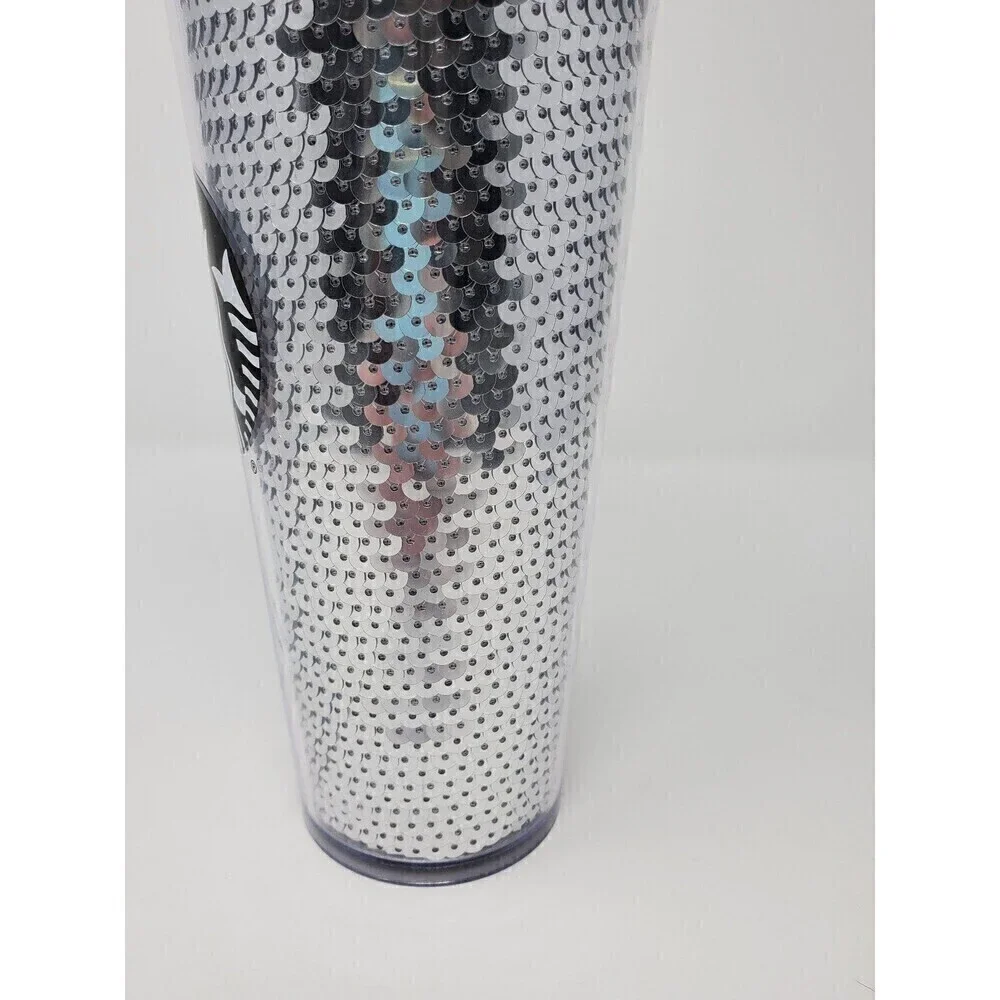 STARBUCKS VENTI ACRYLIC SILVER SEQUINS TUMBLER ICED COFFEE 24 FL OZ 2017 RETIRED